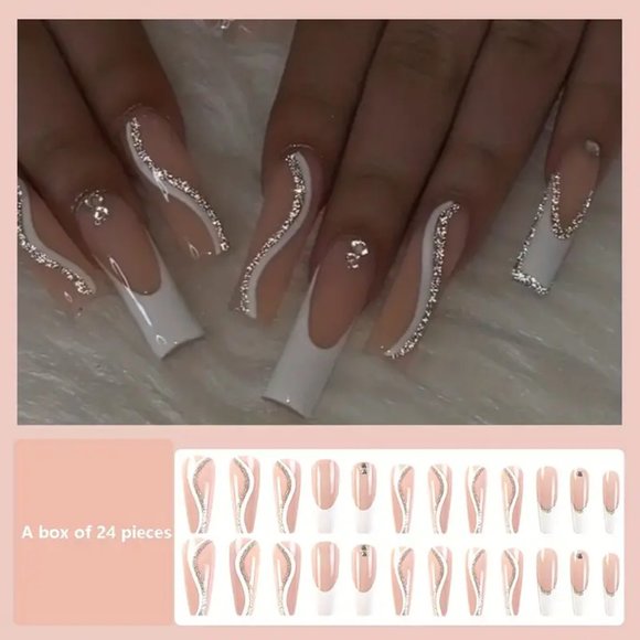 24pcs White French Tip Fake Nails, Glitter Swirl Press On Nails - Picture 5 of 6